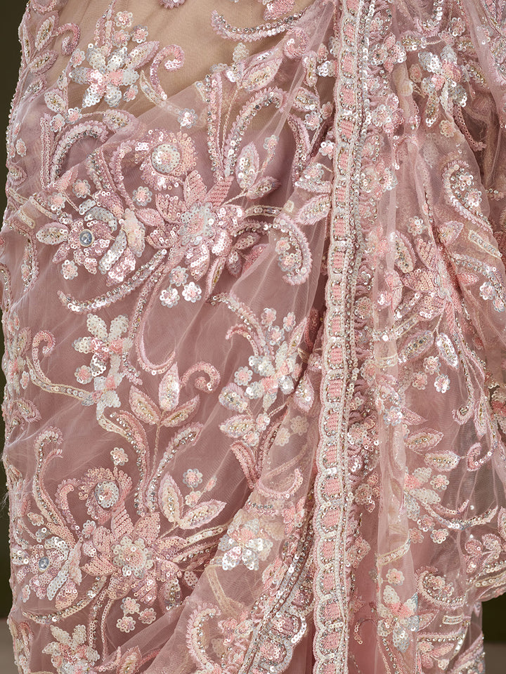Baby Pink Net Sequins Saree With Matching Blouse Piece