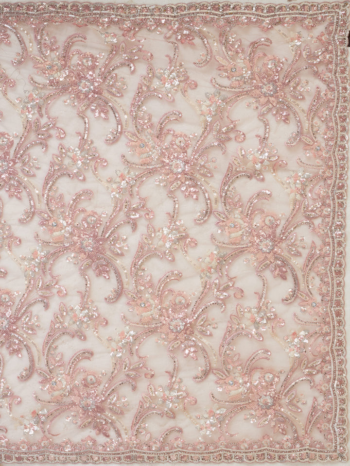 Baby Pink Net Sequins Saree With Matching Blouse Piece