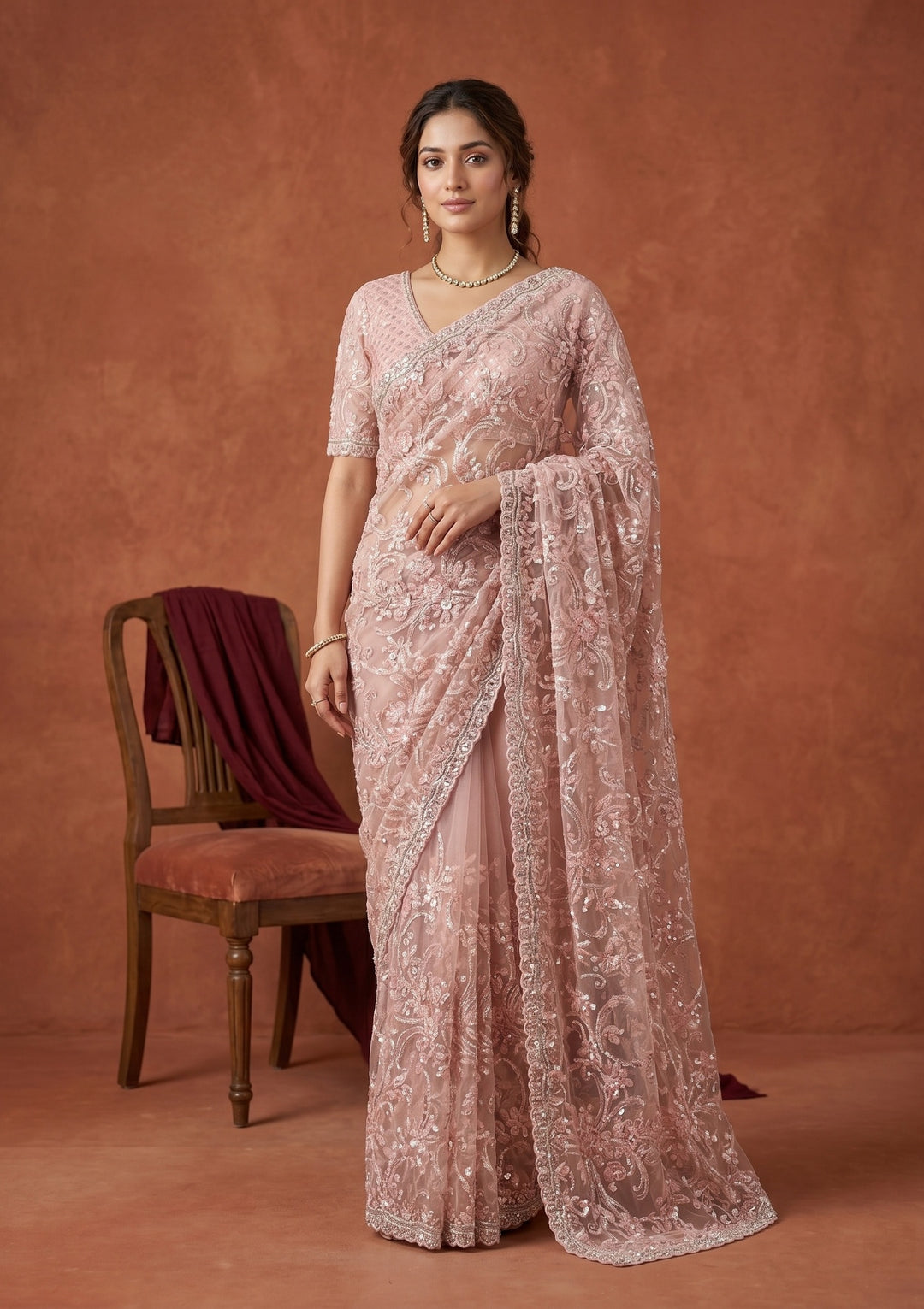 Baby Pink Net Sequins Saree With Matching Blouse Piece