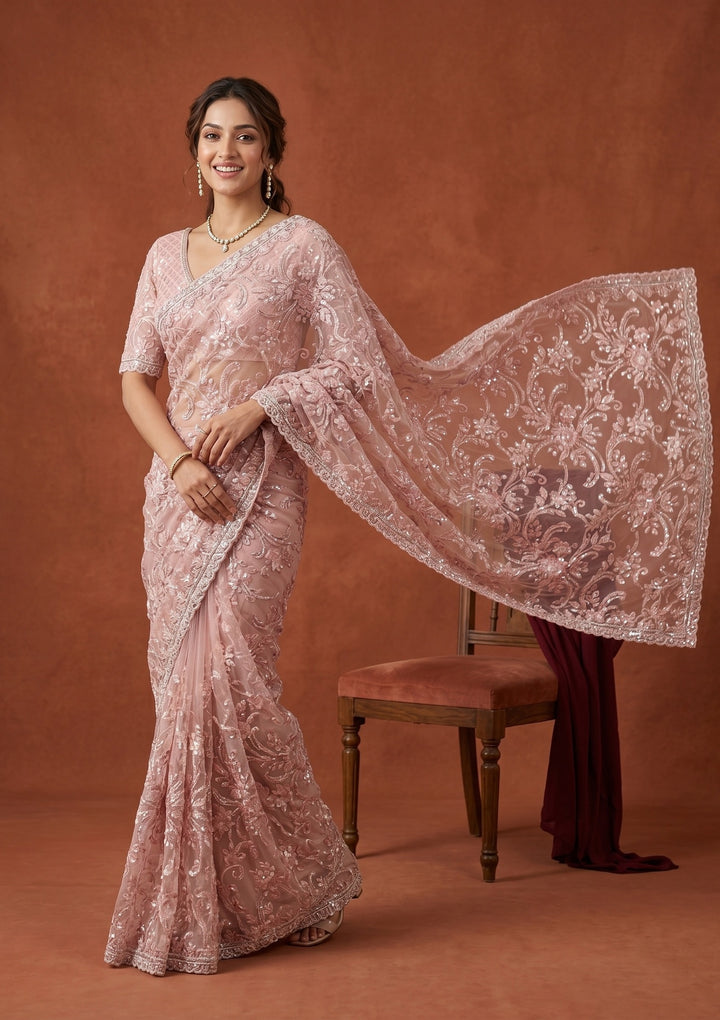 Baby Pink Net Sequins Saree With Matching Blouse Piece