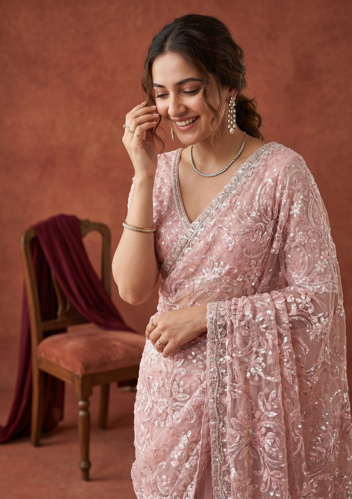 Baby Pink Net Sequins Saree With Matching Blouse Piece