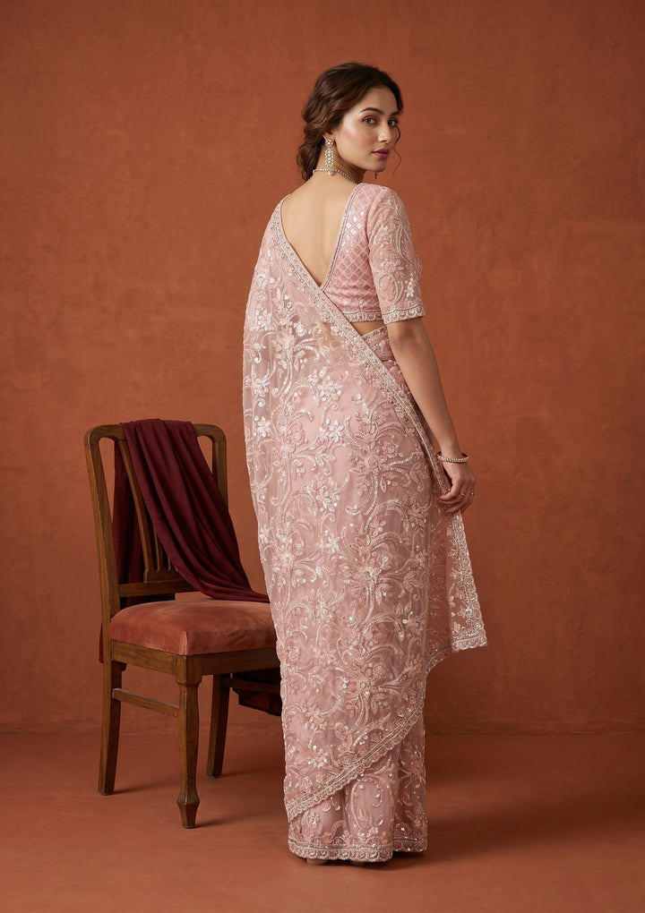 Baby Pink Net Sequins Saree With Matching Blouse Piece