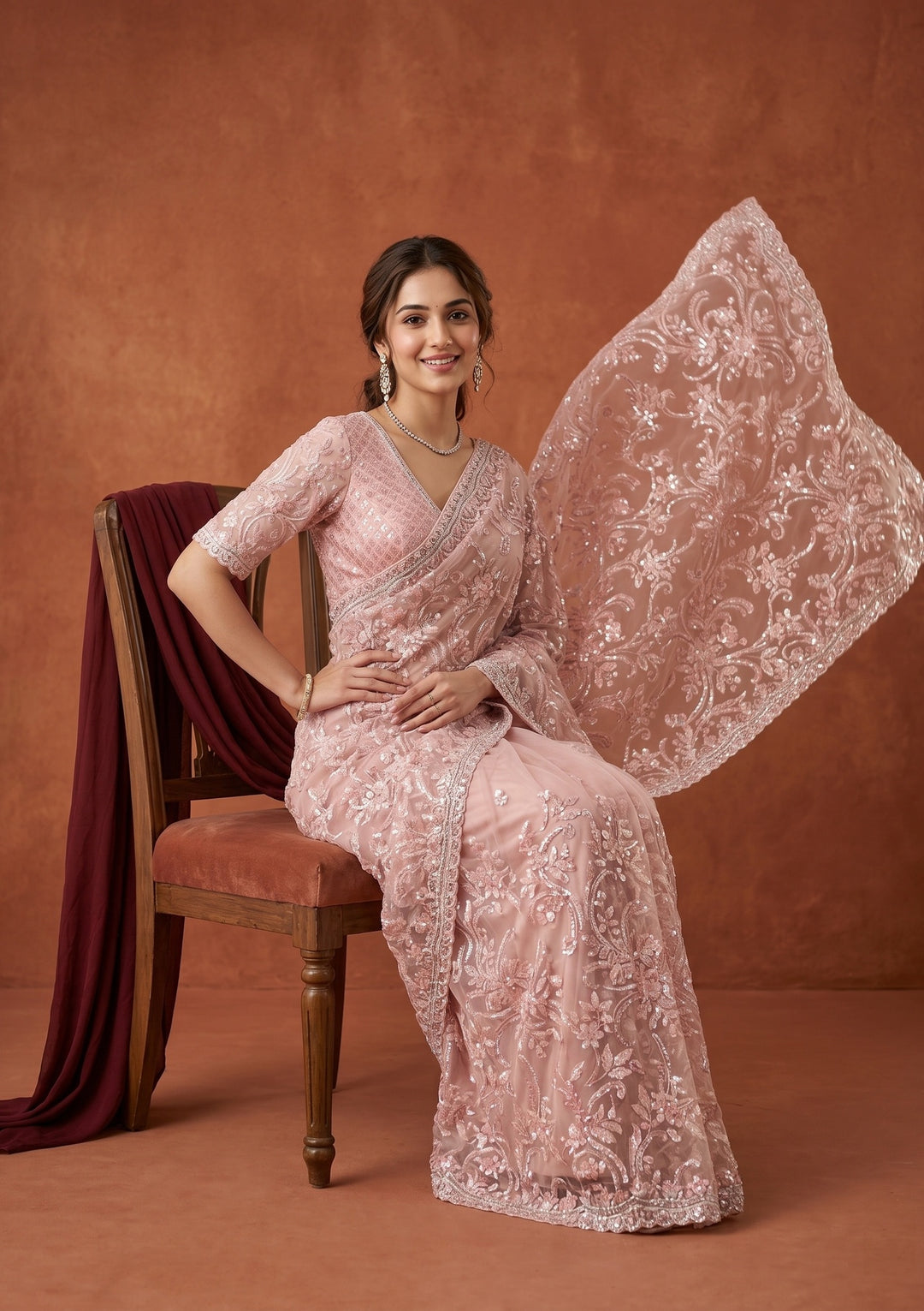 Baby Pink Net Sequins Saree With Matching Blouse Piece