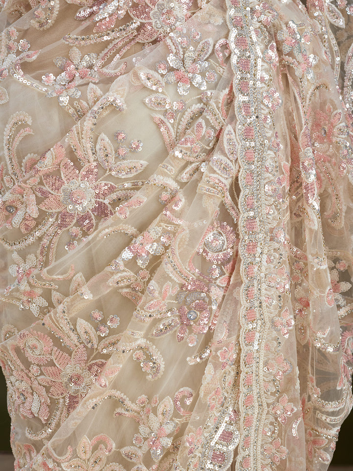 Cream Net Sequins Saree With Matching Blouse Piece