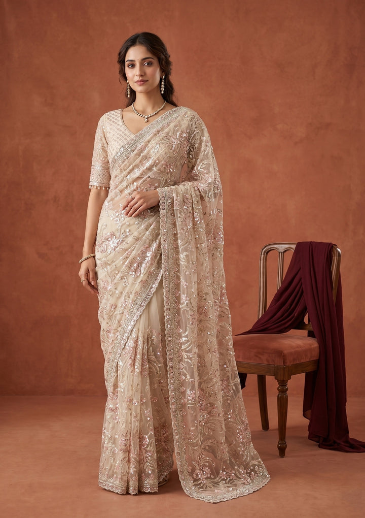 Cream Net Sequins Saree With Matching Blouse Piece