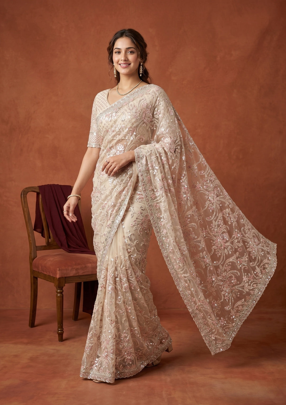 Cream Net Sequins Saree With Matching Blouse Piece