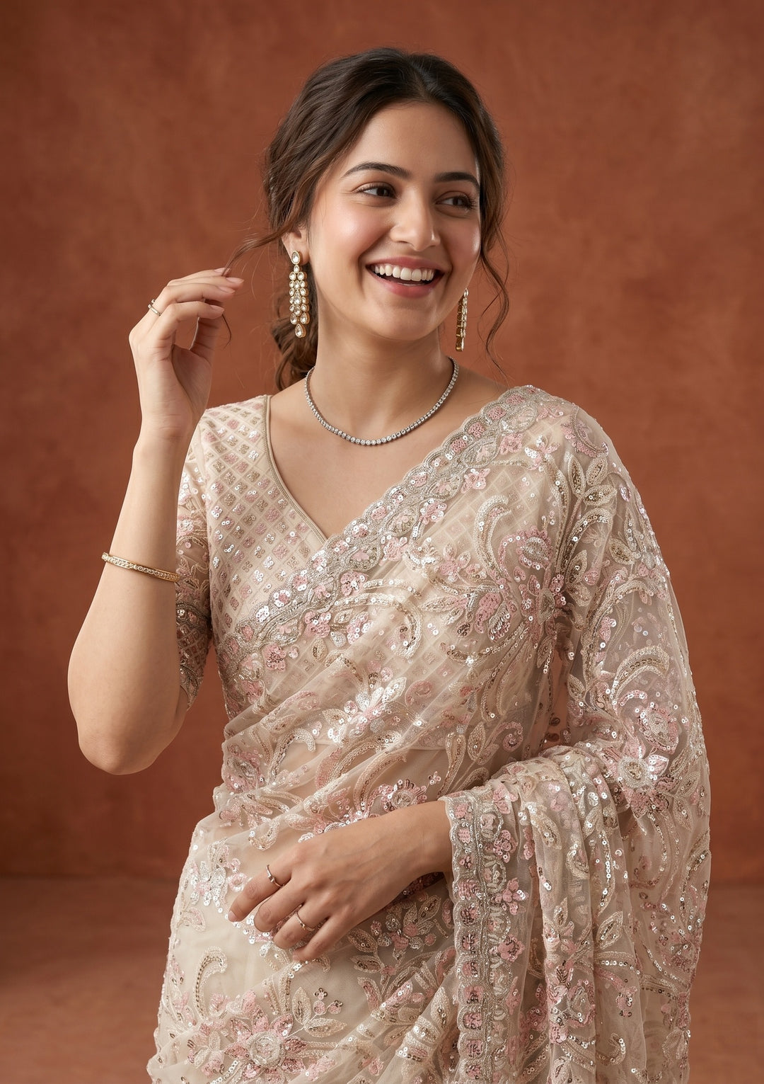 Cream Net Sequins Saree With Matching Blouse Piece