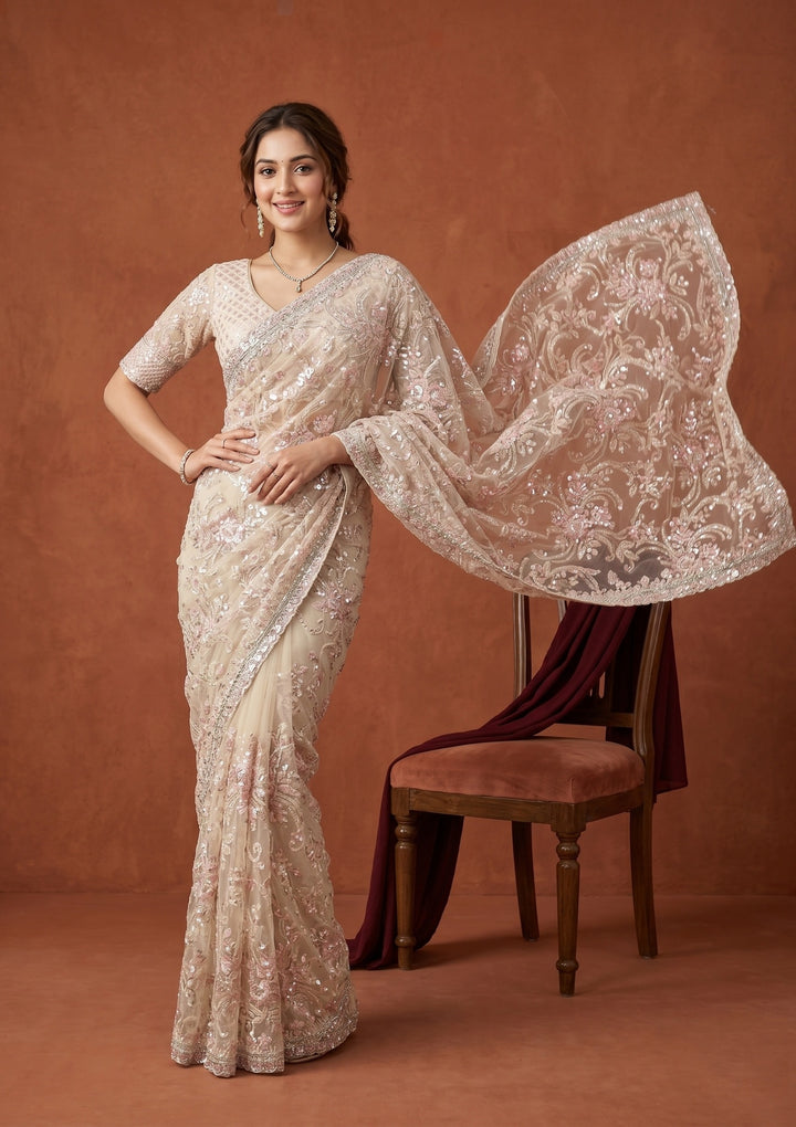 Cream Net Sequins Saree With Matching Blouse Piece