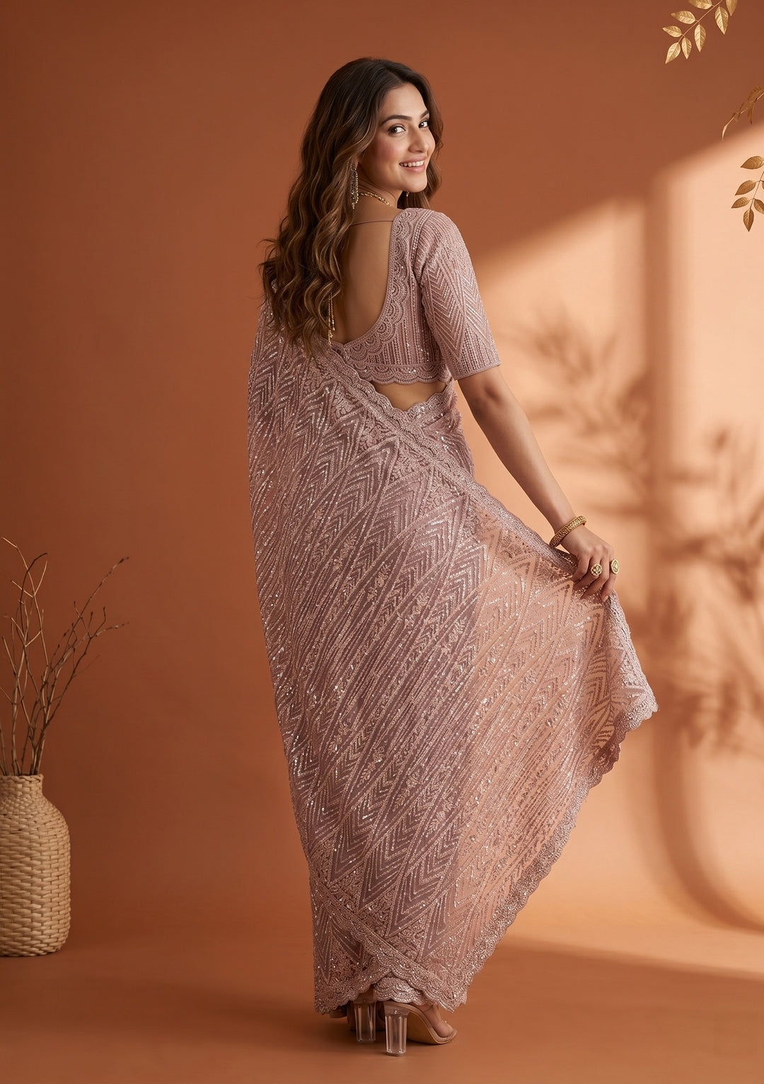 Baby Pink Net Threadwork Saree With Matching Blouse Piece