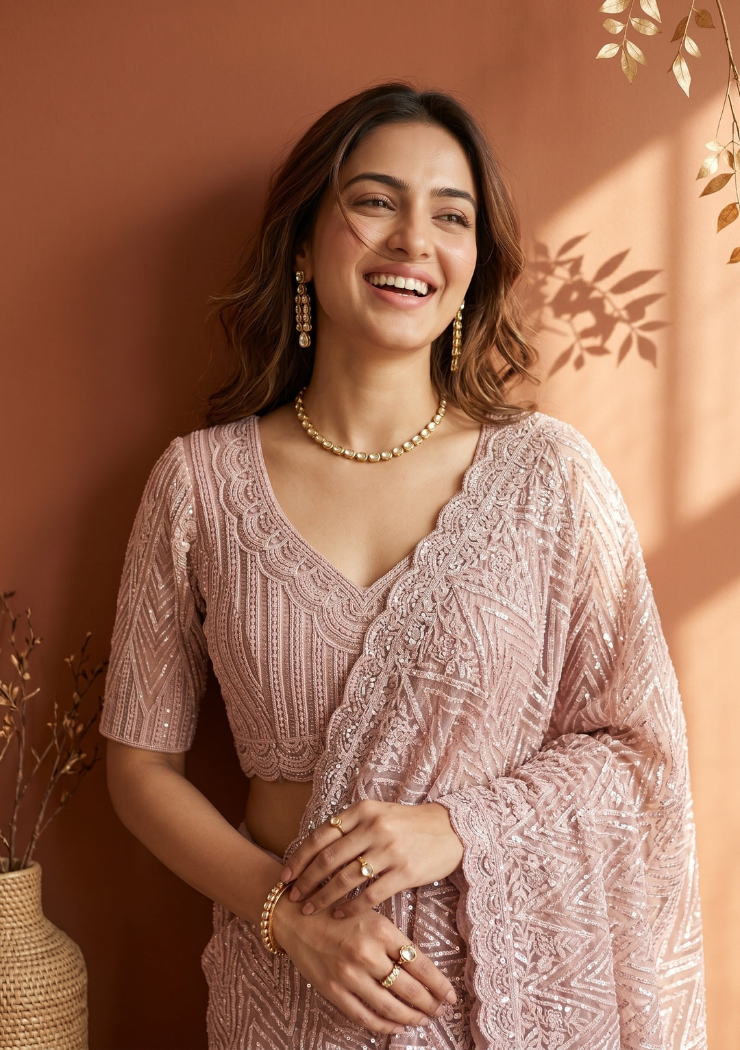Baby Pink Net Threadwork Saree With Matching Blouse Piece