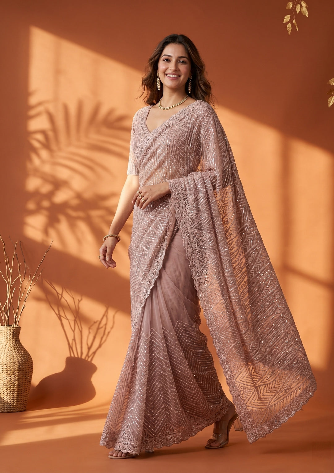 Baby Pink Net Threadwork Saree With Matching Blouse Piece
