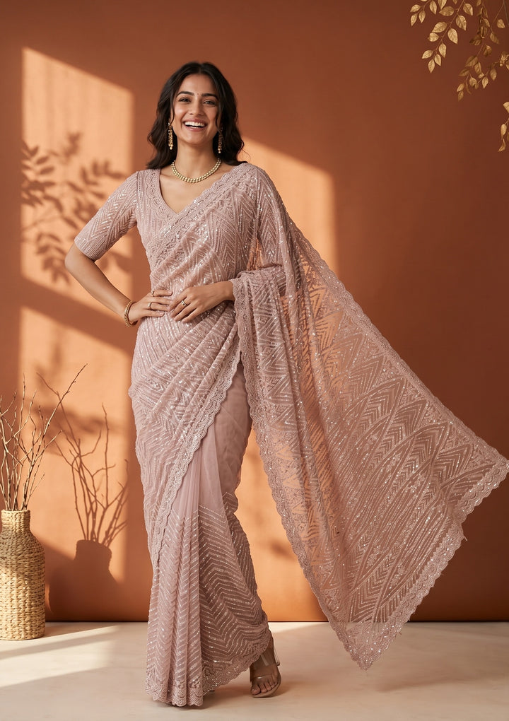 Baby Pink Net Threadwork Saree With Matching Blouse Piece