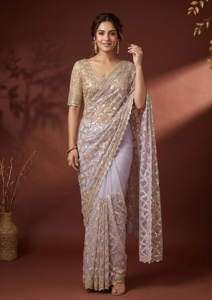 Lavender Net Sequins Saree With Matching Blouse Piece