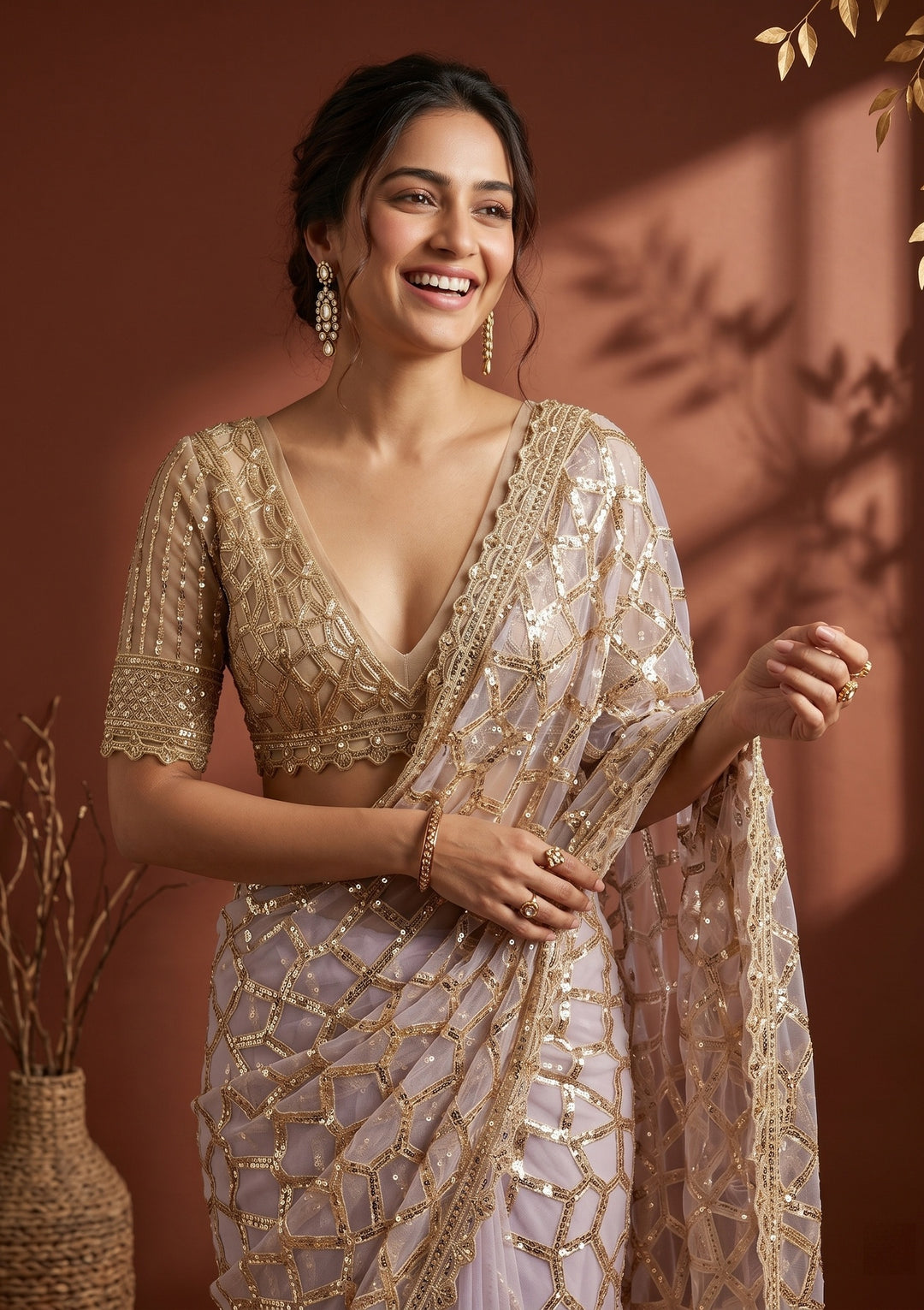Lavender Net Sequins Saree With Matching Blouse Piece