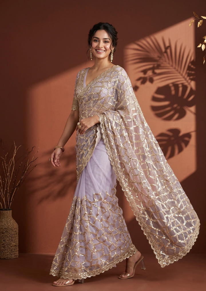 Lavender Net Sequins Saree With Matching Blouse Piece