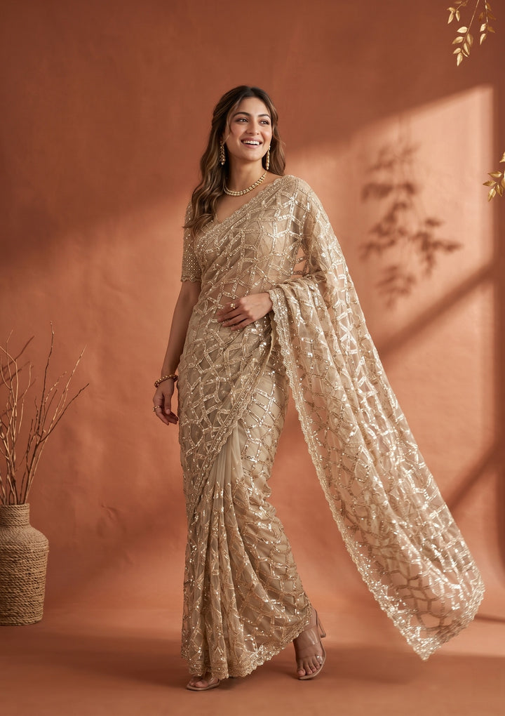 Off White Net Sequins Saree With Matching Blouse Piece