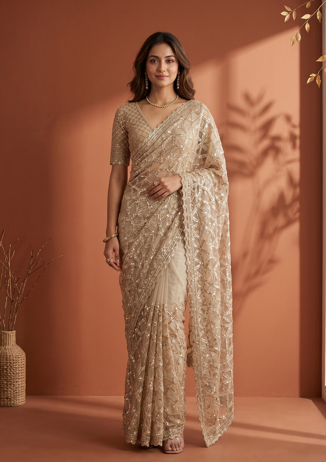 Off White Net Sequins Saree With Matching Blouse Piece