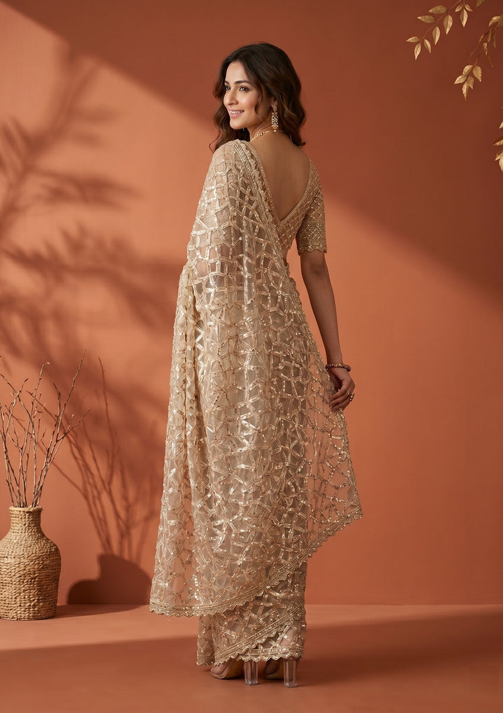 Off White Net Sequins Saree With Matching Blouse Piece