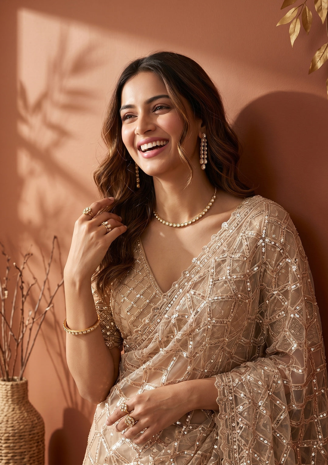 Off White Net Sequins Saree With Matching Blouse Piece