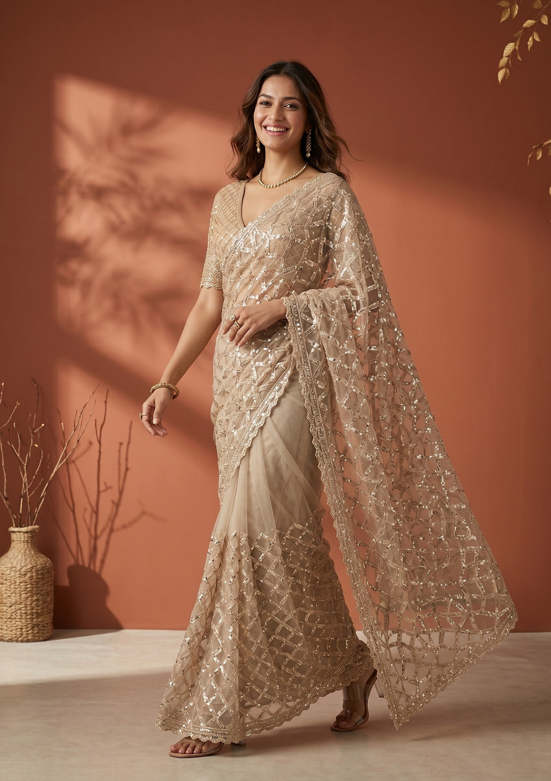 Off White Net Sequins Saree With Matching Blouse Piece