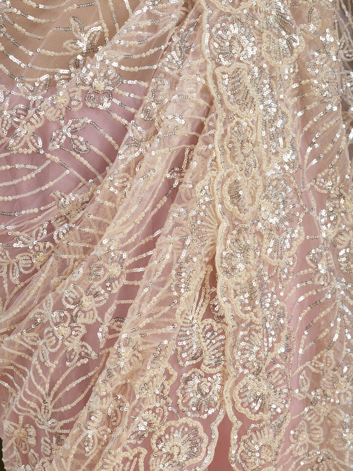 Baby Pink Net Sequins Saree With Matching Blouse Piece