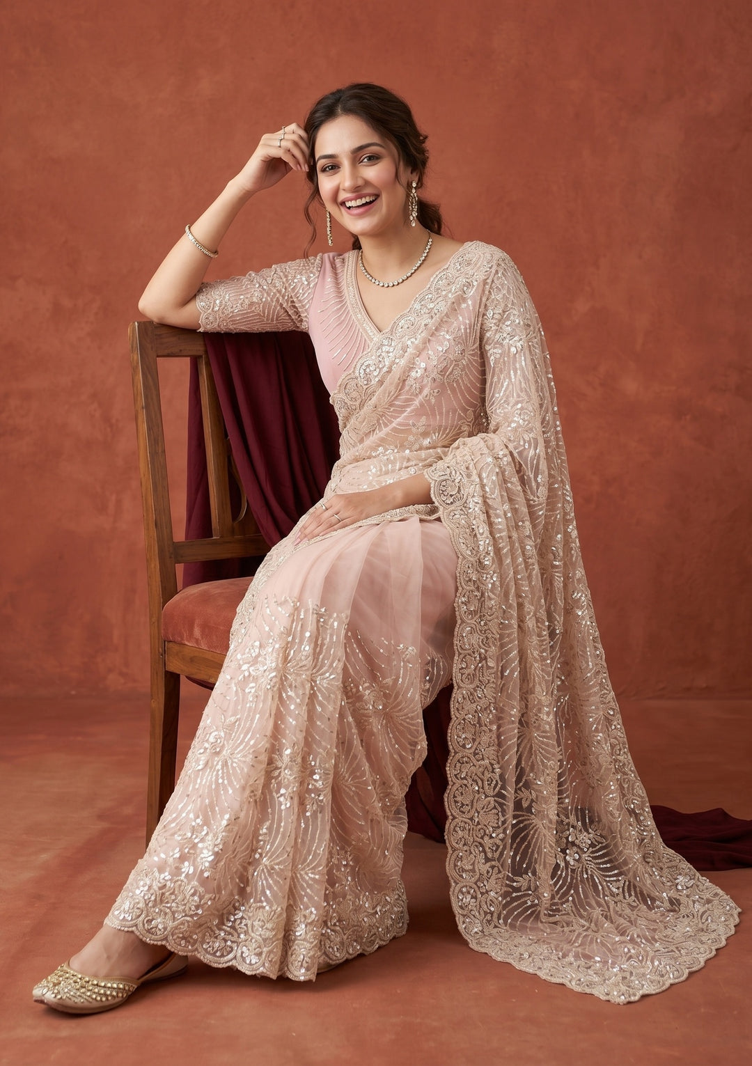 Baby Pink Net Sequins Saree With Matching Blouse Piece