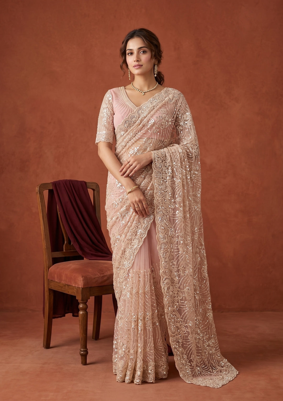Baby Pink Net Sequins Saree With Matching Blouse Piece