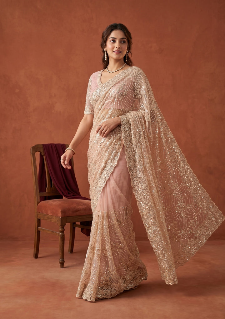 Baby Pink Net Sequins Saree With Matching Blouse Piece