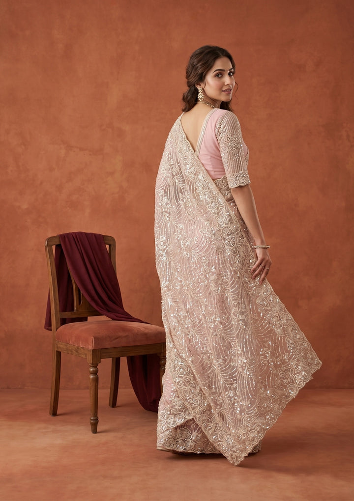 Baby Pink Net Sequins Saree With Matching Blouse Piece