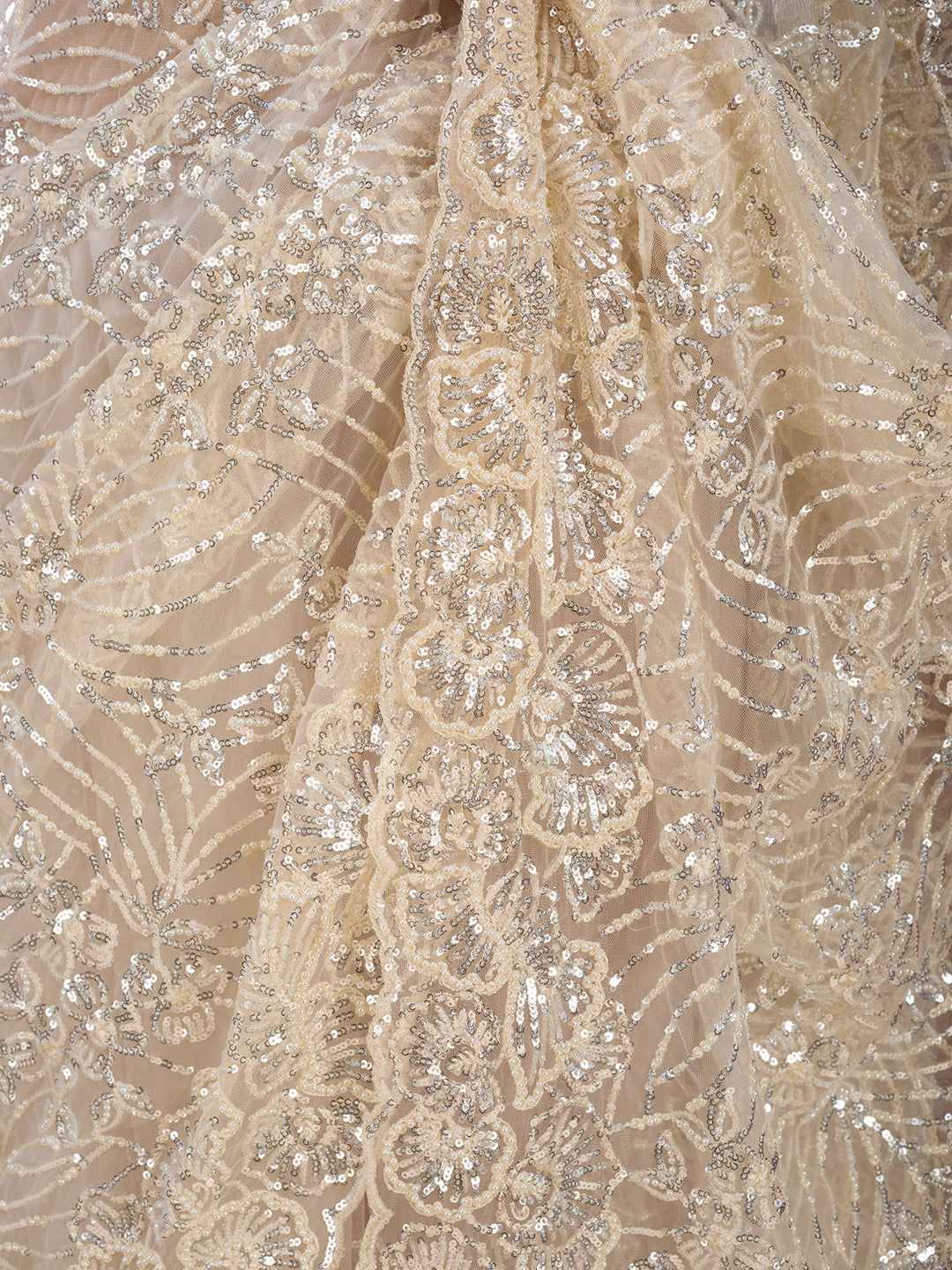 Cream Net Sequins Saree With Matching Blouse Piece
