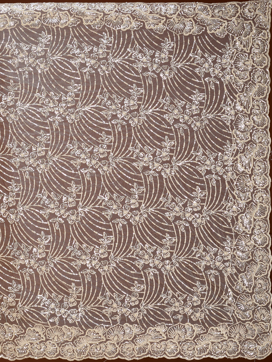 Cream Net Sequins Saree With Matching Blouse Piece