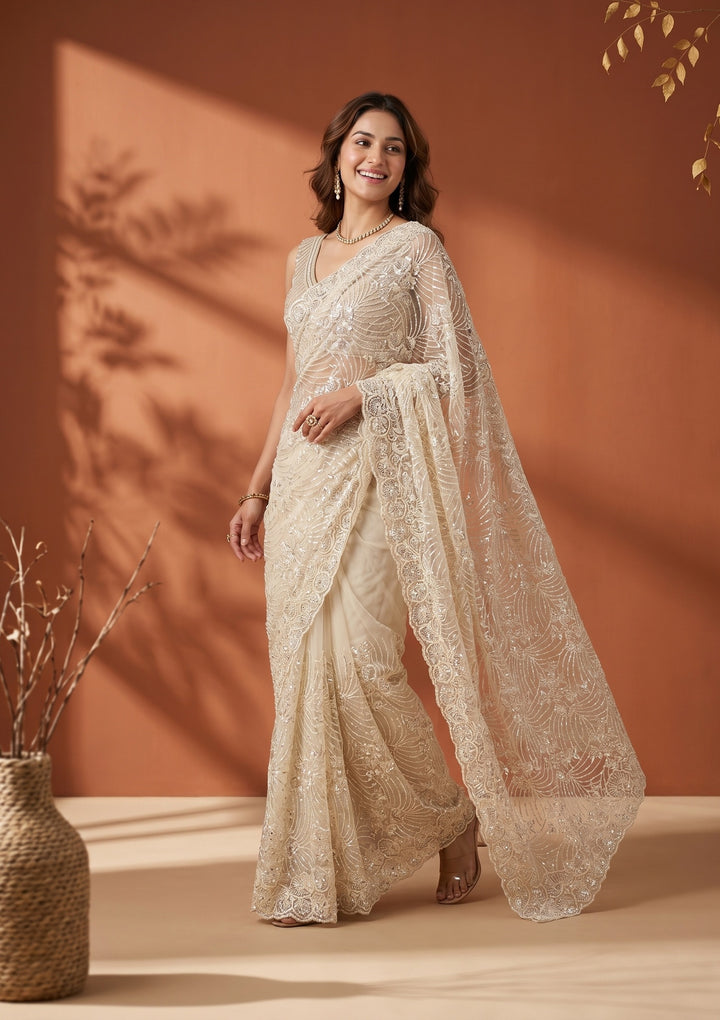 Cream Net Sequins Saree With Matching Blouse Piece