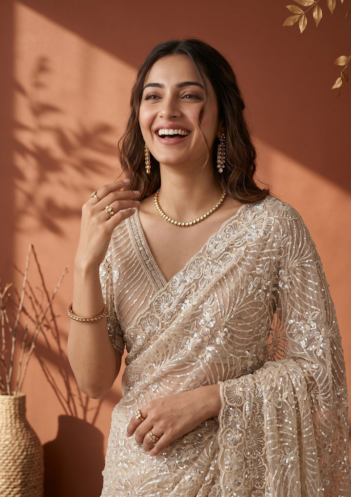 Cream Net Sequins Saree With Matching Blouse Piece