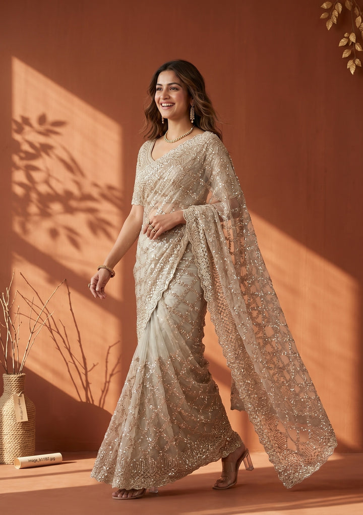 Grey Net Sequins Saree With Matching Blouse Piece