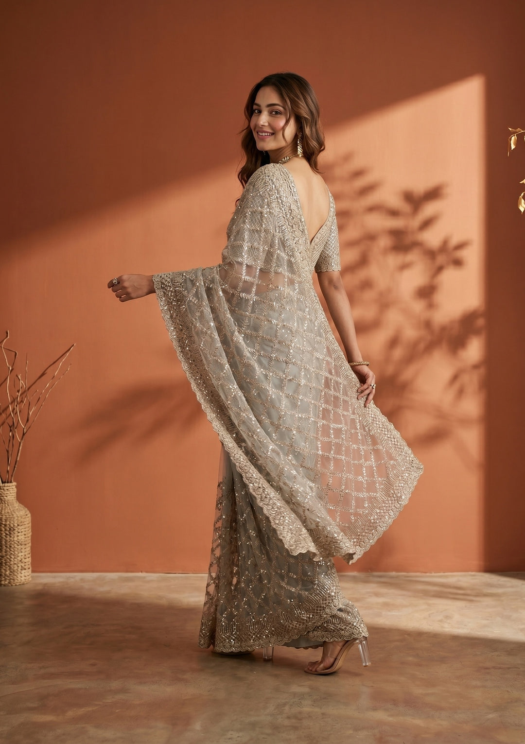 Grey Net Sequins Saree With Matching Blouse Piece