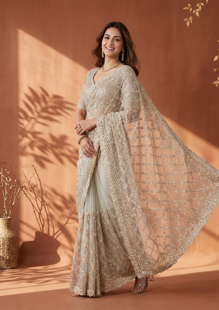 Grey Net Sequins Saree With Matching Blouse Piece