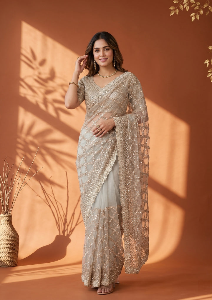 Grey Net Sequins Saree With Matching Blouse Piece