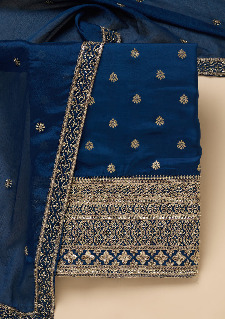 Peacock Blue Zariwork (Gold) Dola Silk Unstitched Salwar Suit