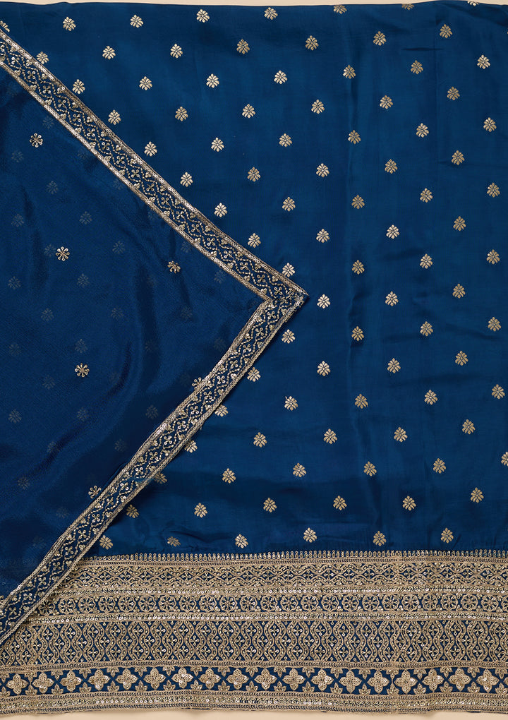 Peacock Blue Zariwork (Gold) Dola Silk Unstitched Salwar Suit