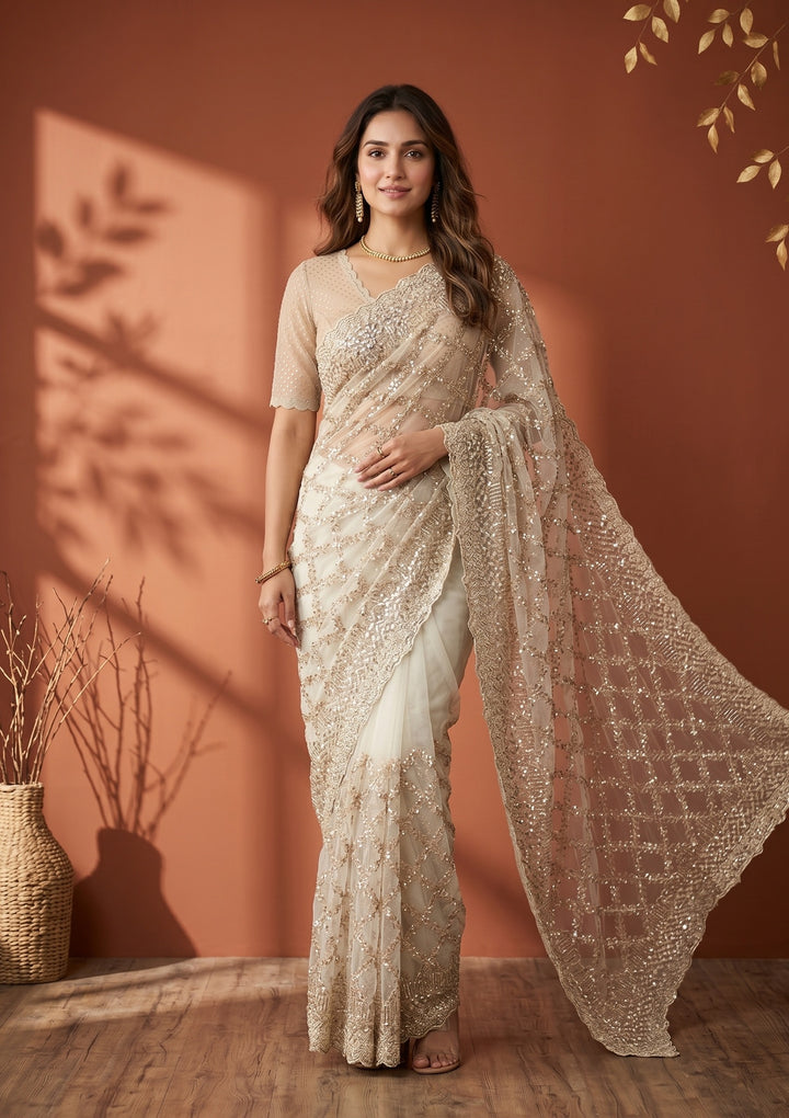 Off White Net Sequins Saree With Matching Blouse Piece