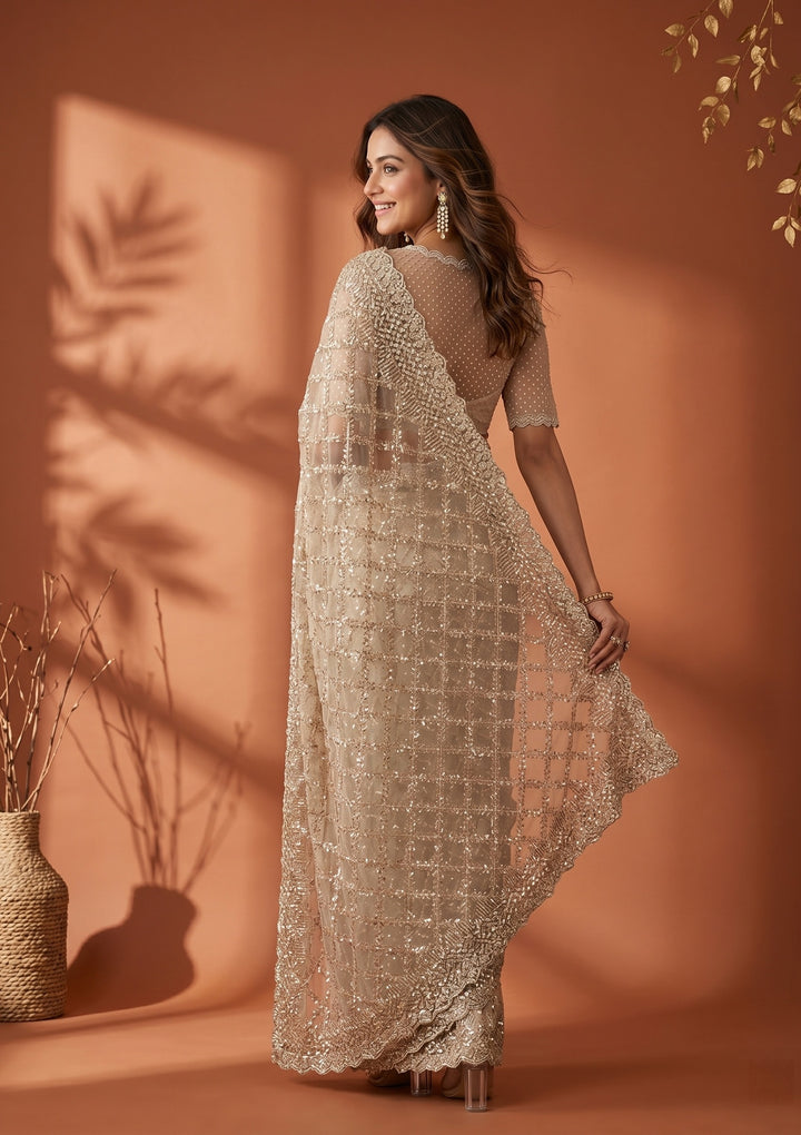 Off White Net Sequins Saree With Matching Blouse Piece