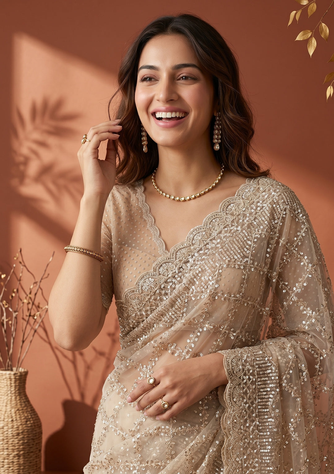 Off White Net Sequins Saree With Matching Blouse Piece