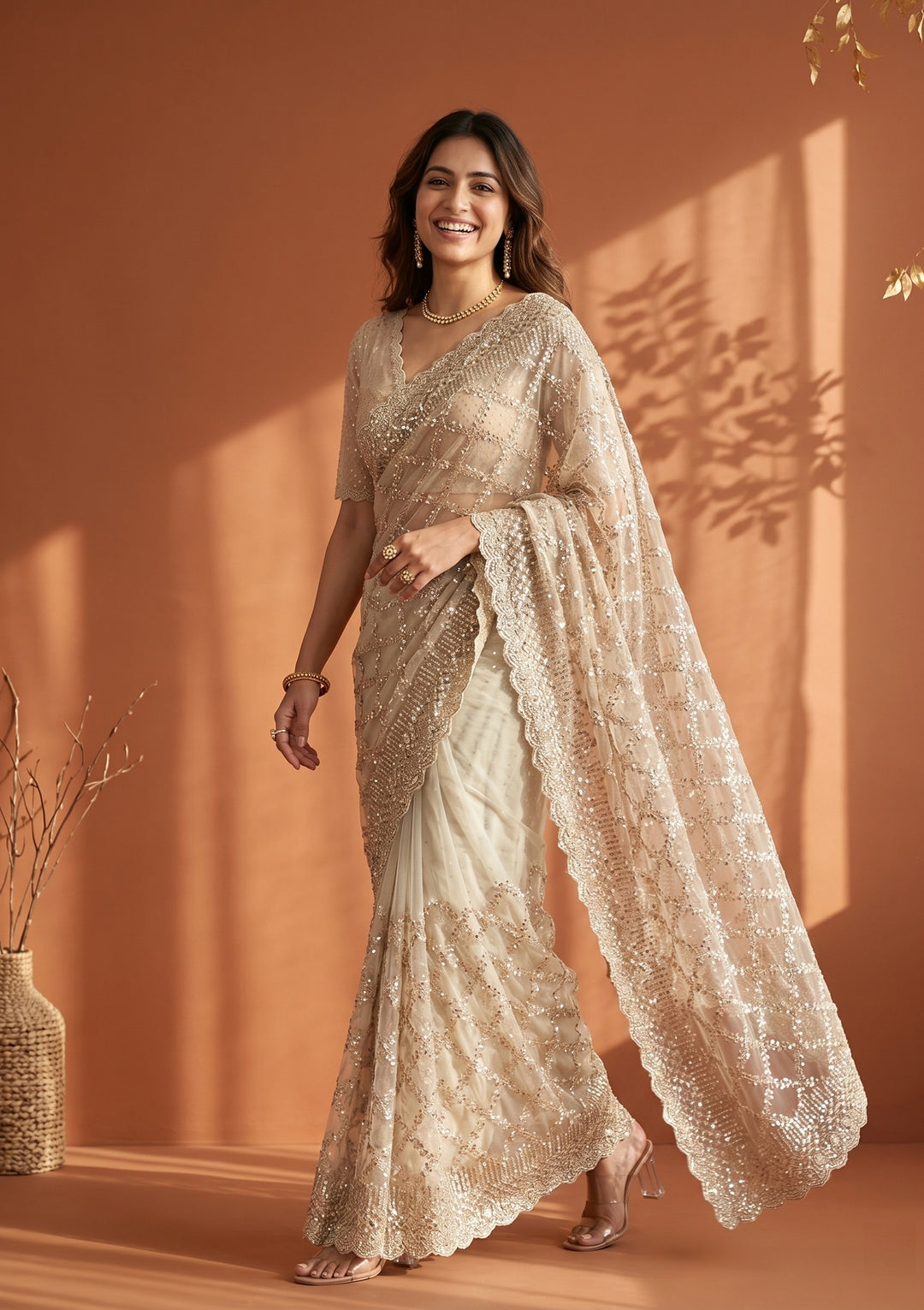 Off White Net Sequins Saree With Matching Blouse Piece
