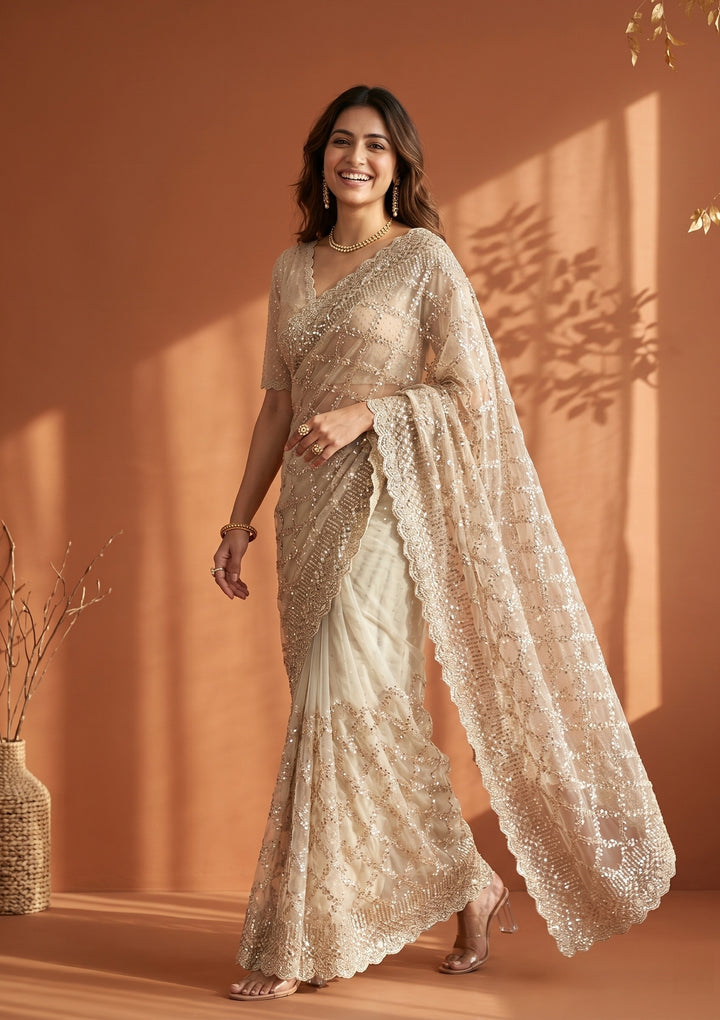 Off White Net Sequins Saree With Matching Blouse Piece