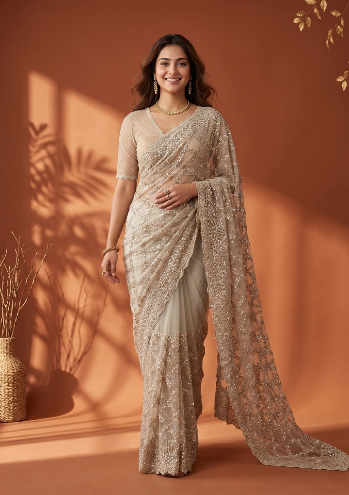 Off White Net Sequins Saree With Matching Blouse Piece