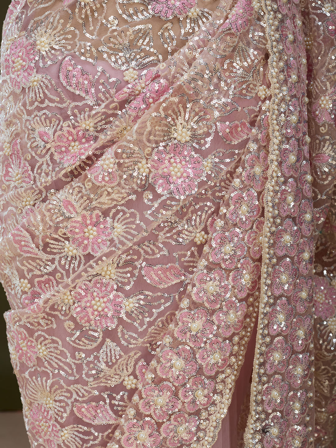 Baby Pink Net Threadwork Saree With Matching Blouse Piece