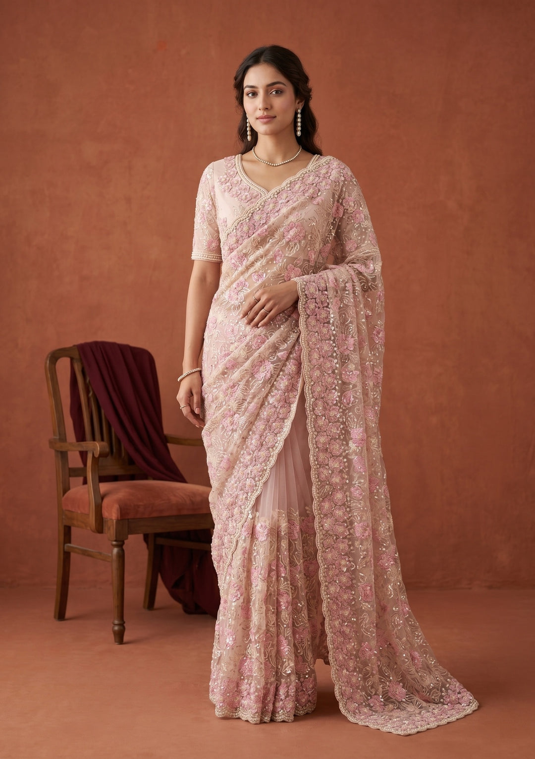 Baby Pink Net Threadwork Saree With Matching Blouse Piece