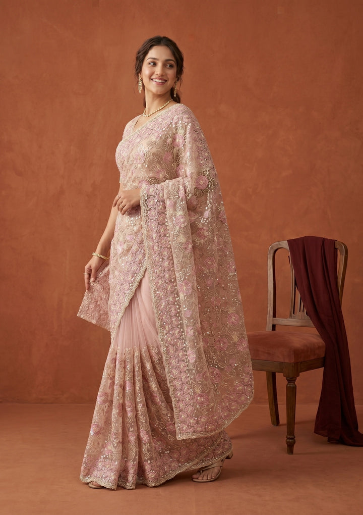 Baby Pink Net Threadwork Saree With Matching Blouse Piece