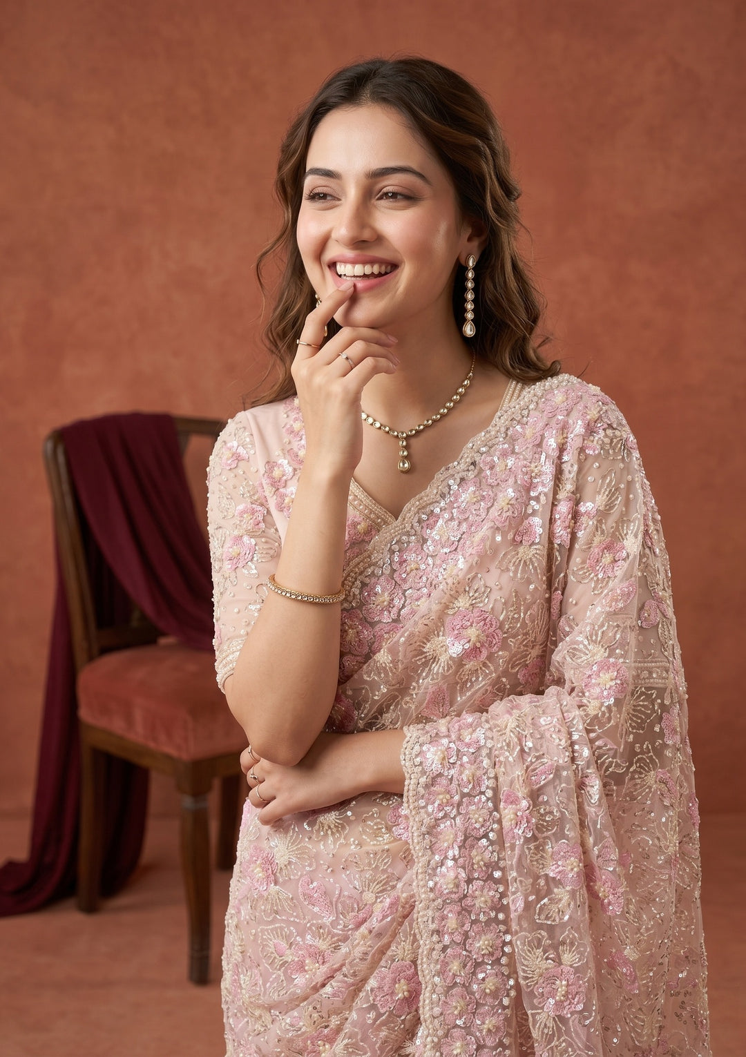 Baby Pink Net Threadwork Saree With Matching Blouse Piece