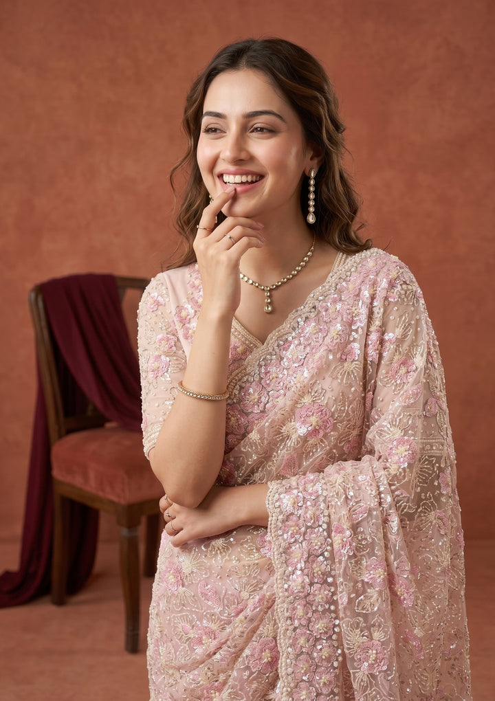 Baby Pink Net Threadwork Saree With Matching Blouse Piece